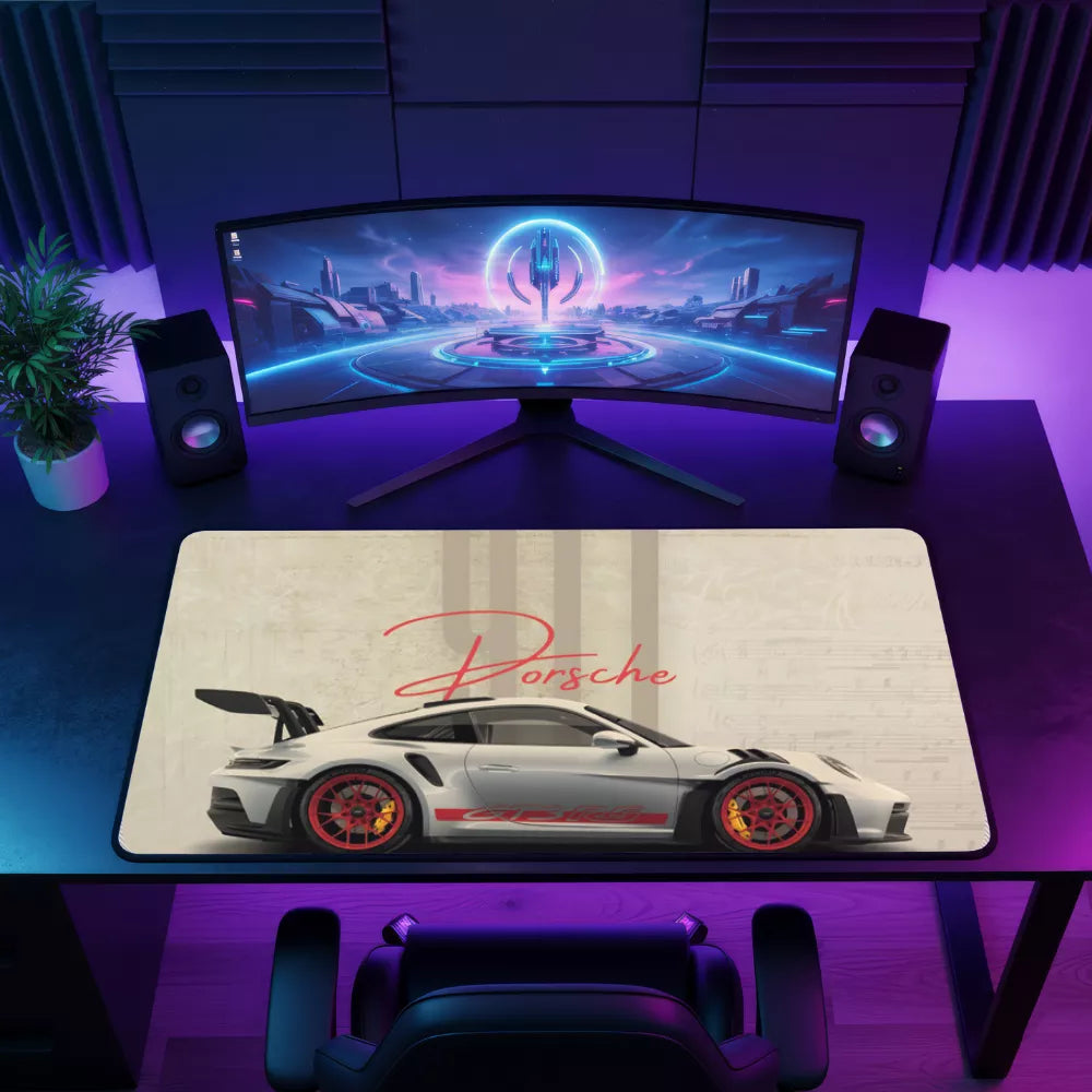 Grand tapis de souris voiture Porsche blanche, design réaliste et XXL