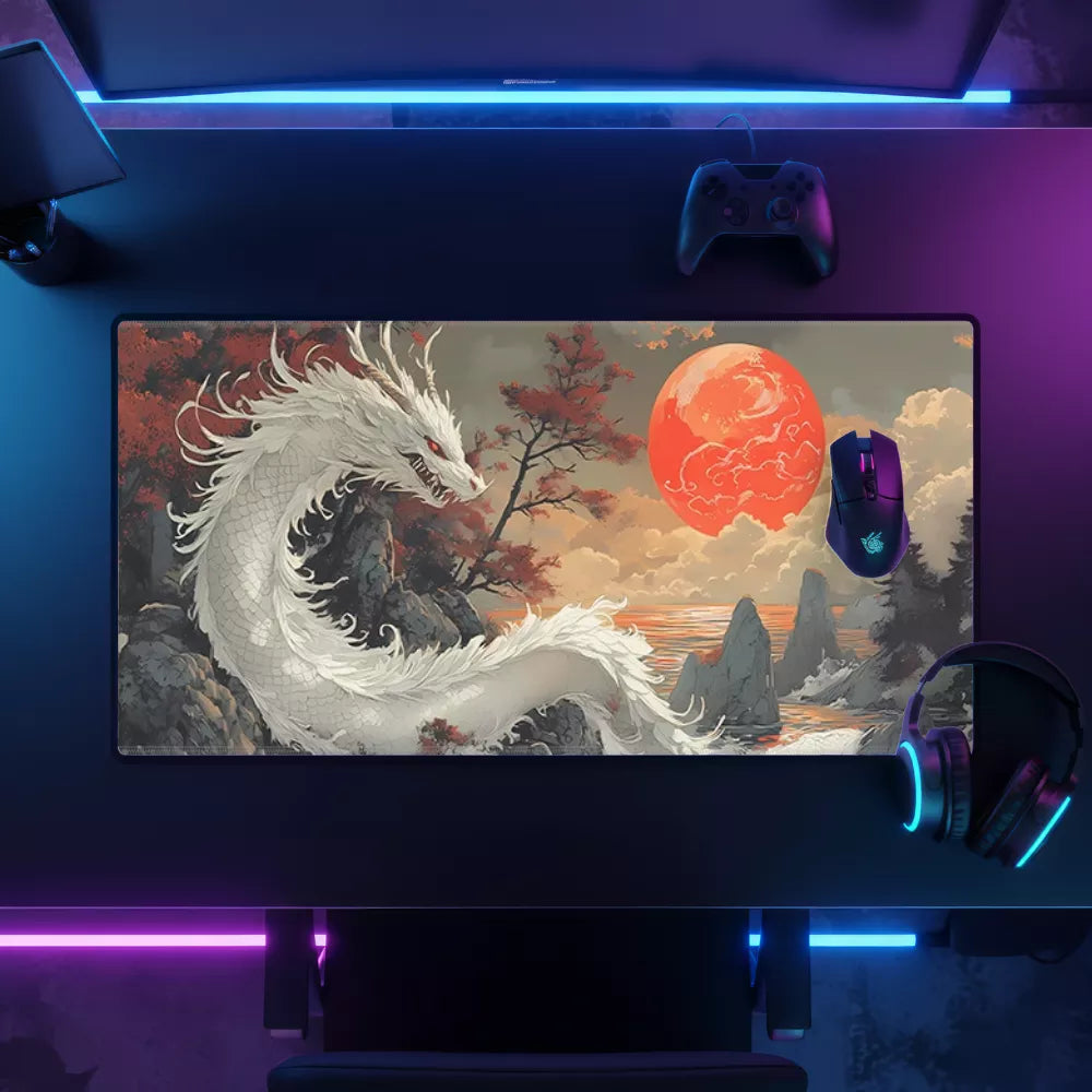 Grand tapis de souris Dragon blanc, surface lisse et idéale pour gaming