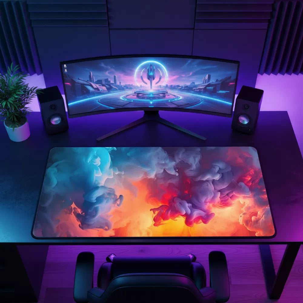 Tapis de souris bleu et orange motif abstrait pour gamer