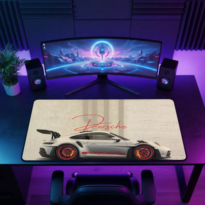 Grand tapis de souris voiture Porsche blanche, design réaliste et XXL