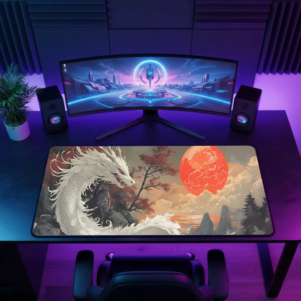 Tapis de souris gamer Dragon blanc, XXL et couleurs éclatantes